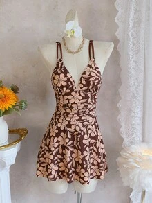 Swim Lushoire Women's Beach Music Festival Spring/Summer Floral Print Double Shoulder Strap Gathered Cinched Waist Mature Fashion Swimsuit - Multicolor - View 3