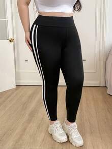 CovetEZ Plus Size Solid Color Patchwork Slim Fit Leggings, Casual Everyday Wear - Black - View 3