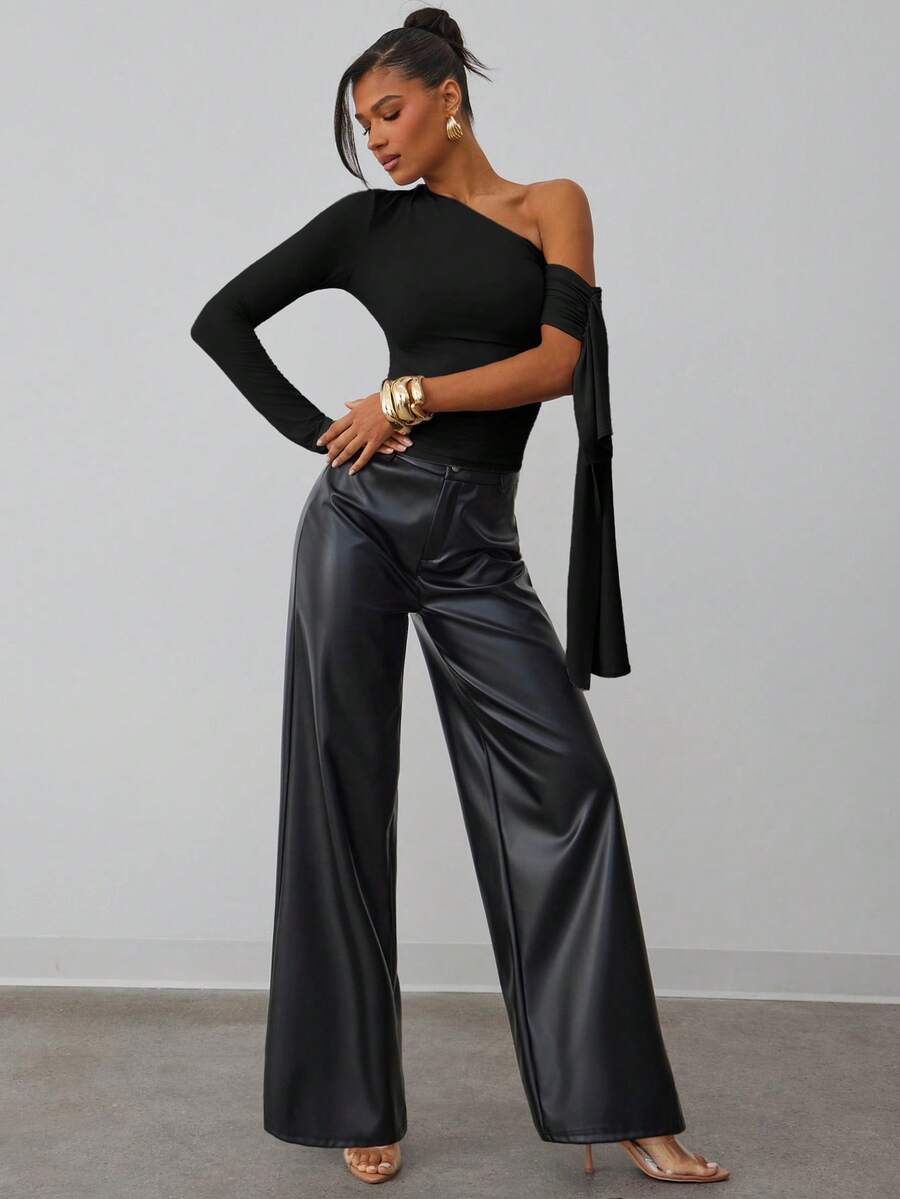 Hauture Top de mujer de unicolor con cuello asimétrico y lazo, adecuado para ir al trabajo - Negro - Ver 1