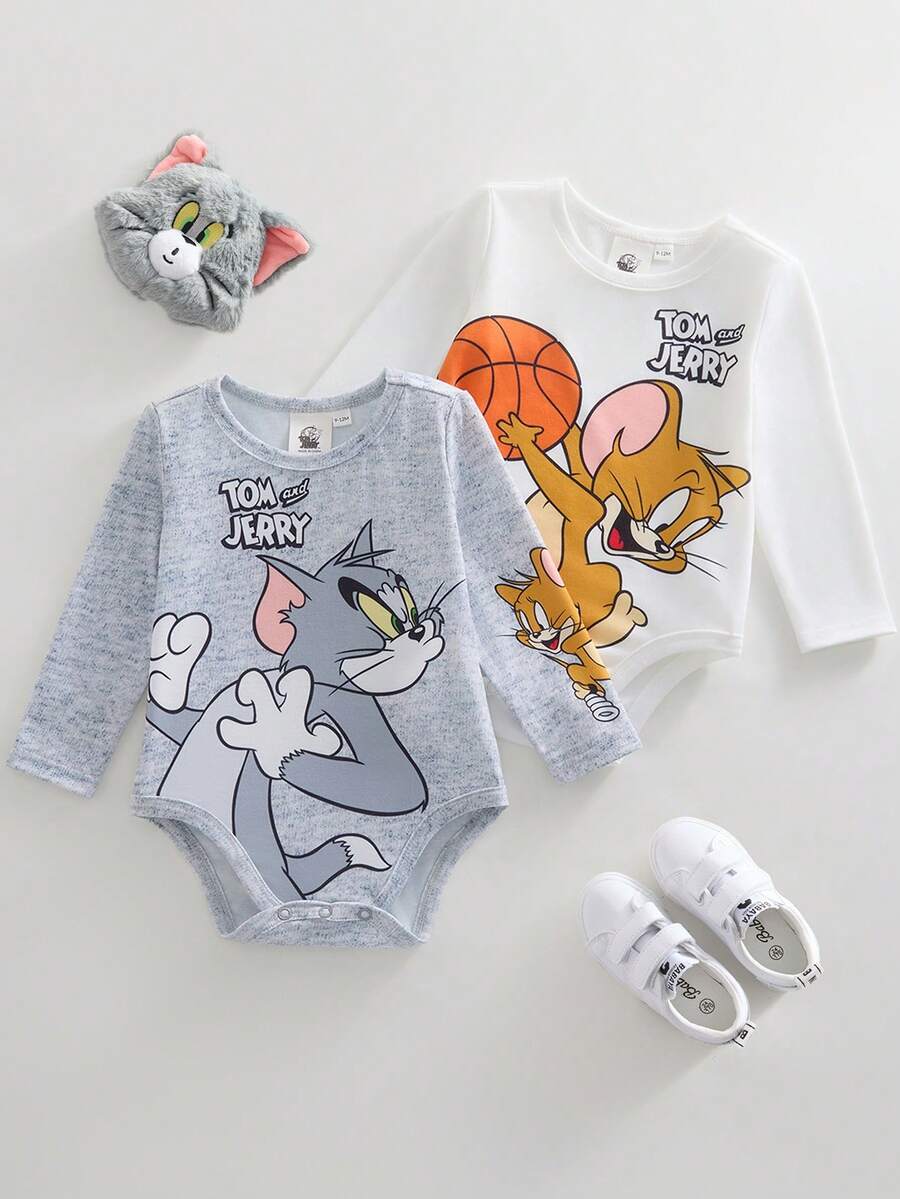 TOM & JERRY X SHEIN 2件装男婴休闲日常通勤可爱卡通字母印花长袖连体衣，春秋季 - 彩色 - 查看 1
