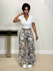 Pantalón de punto mujer con diseño camuflaje + grafiti, detalle de parche en costura lateral y ajuste elástico. Perfecto para look casual y vacaciones. - Multicolor - Ver 3