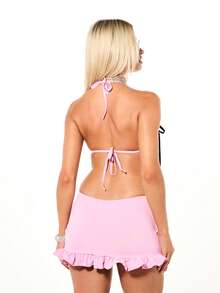 SUMWON WOMEN Conjunto de dos piezas de bikini con parte superior de triángulo con cordones de encaje y minifalda con volantes, conjunto coordinado para vacaciones de verano en la playa para el Día de San Valentín - Rosa - Ver 2