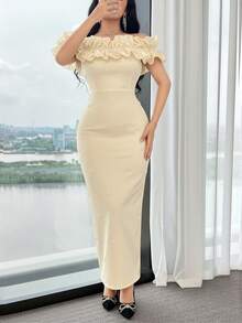 Feyla Đầm nữ thanh lịch trễ vai màu trơn, viền bèo nhún, đính ngọc trai giả, dáng ôm, thích hợp cho mùa hè. - Màu be - Xem 6