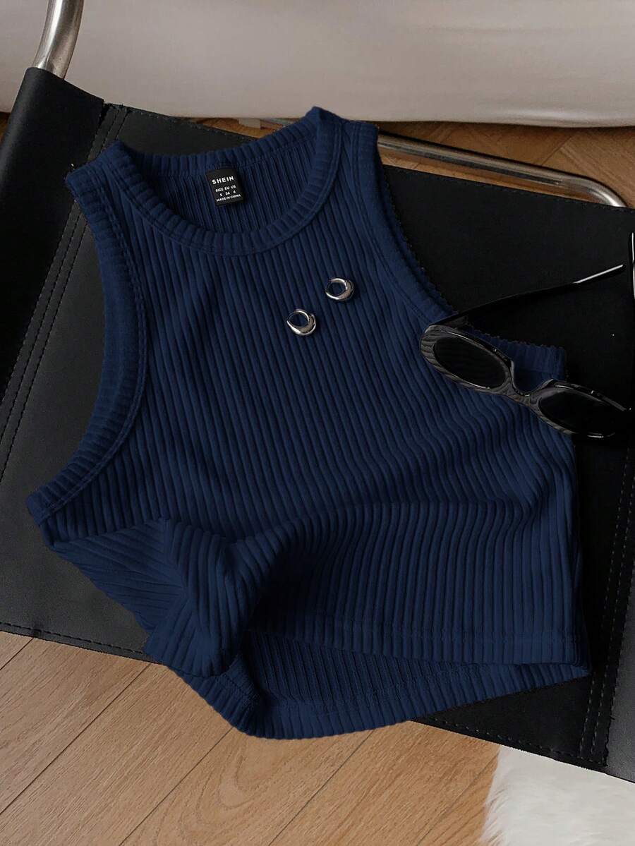 Comfortcana 女士纯色罗纹磨毛吊带背心，适合日常穿着 - 藏蓝色 - 查看 1