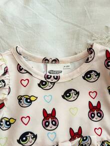 THE POWERPUFF GIRLS X SHEIN Baby Girl Casual All-Over Print Ruffle Trim Long Sleeve Peplum Top And Leggings Set, Autumn