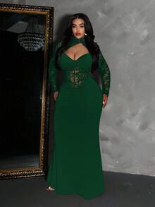 Maweii 大码女式黑色蕾丝性感镂空绷带休闲时尚年轻弹力针织百搭叠穿连衣裙，性感正式派对鸡尾酒会礼服，性感连体裤，优雅正式长裙 - 墨綠色 - 查看 4