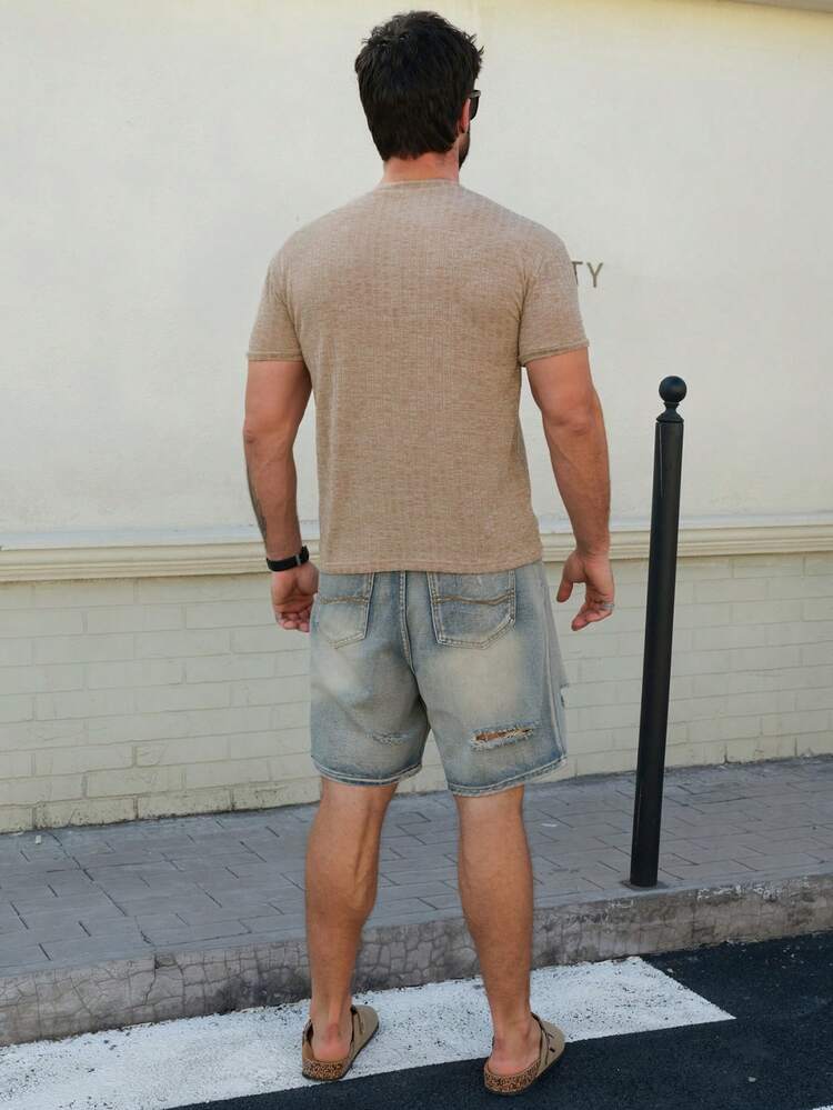 Khaki Men's Button Half-Placket Short Sleeve Casual T-Shirt, Spring/Summer