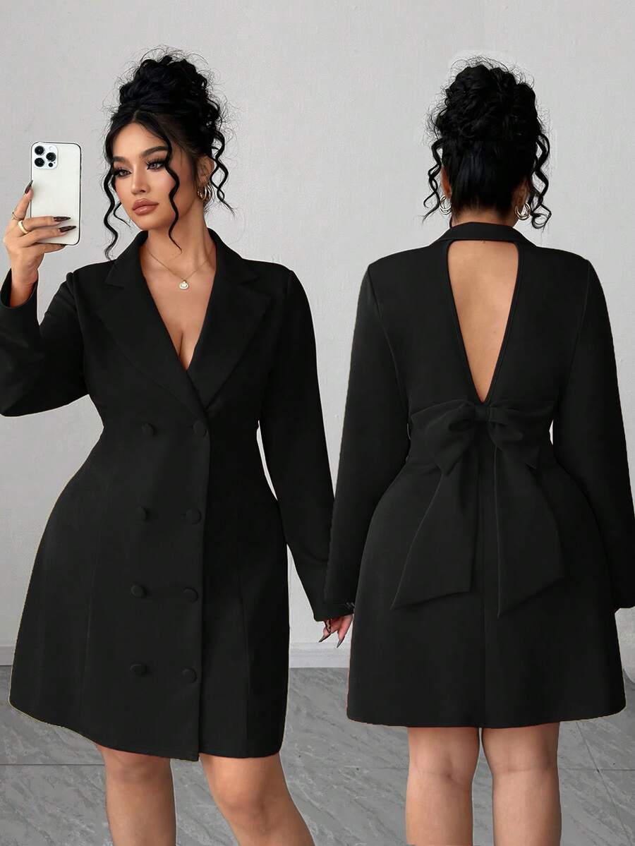 Elenzga Vestido con diseño de lazo sin espalda de talla grande - Negro - Ver 1