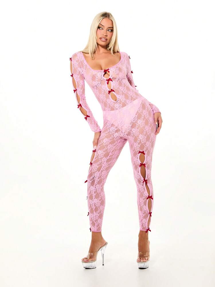 SUMWON WOMEN Lace Cut Out Long Sleeve Jumpsuit With Ribbon Ties For Valentine
