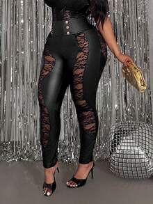 Slaydiva Quần skinny cạp cao màu đen phối lưới và giả da thanh lịch và gợi cảm dành cho nữ cỡ lớn, thích hợp cho mùa Thu/Đông. - màu đen - Xem 2