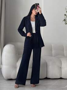 Modelyn 女士翻领长袖单扣西装外套和裤子优雅套装 - 藏蓝色 - 查看 7