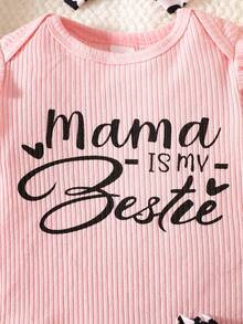 SHEIN Bộ 3 món dễ thương cho bé sơ sinh, kiểu dáng thường ngày, cổ tròn, tay bồng, có gân, thêu họa tiết, thích hợp cho mùa xuân/thu. - Màu Hồng baby - Xem 8