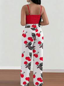 Silhoulove Set 2 Potong Wanita: Atasan Camisole Polos + Celana Panjang Lebar dengan Tali Serut Motif Bunga - Merah - View 2