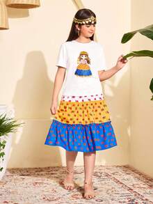 这是两套女童服装。每套包含一件短袖圆领上衣（图案专为小女孩设计）和一条A字型松紧腰裙。上衣有黄色、白色和蓝色三种颜色可选，并饰有玫瑰图案。这两件套非常适合女孩日常休闲穿着，也适合夏季度假穿着。 - 彩色 - 查看 6