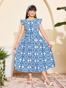 少女度假风碎花圆领短袖连衣裙 - 藍色 - 查看 3