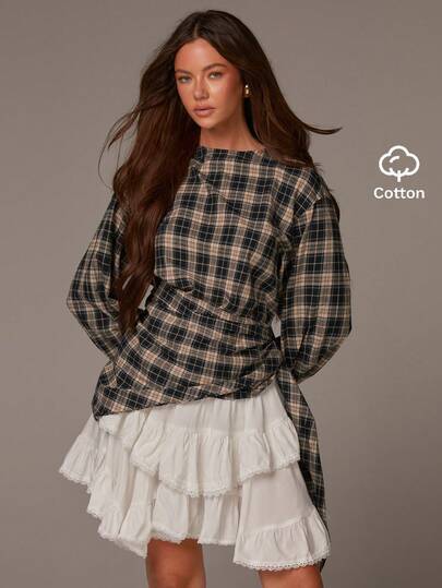 Athîral Women's Casual Black And Brown Plaid Round Neck Drop Shoulder Long-Sleeved Shirt, With A Square Scarf Design.,A Two-Piece Set With Multiple Wearing Options, Comfortable Plaid Woven Fabric,Plaid Top,Black Top,Casual For Women