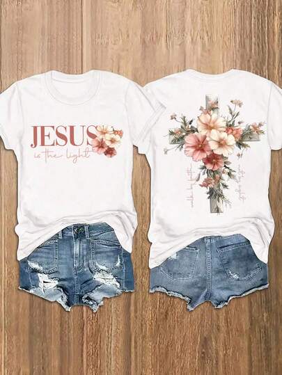 EMERY ROSE Camiseta de mujer de manga corta con cuello redondo y estampado floral, casual de verano