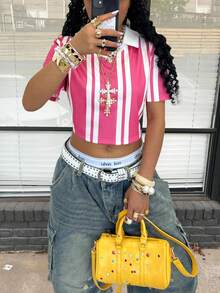 Rovax Women's Casual Striped Lapel Top, Street Style - Pink - View 4