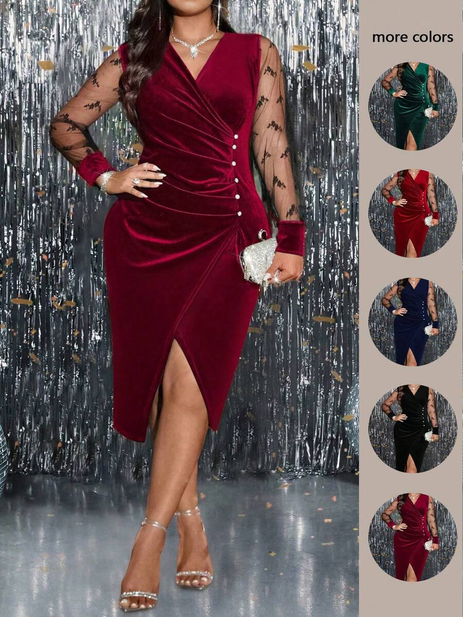 SHEIN Clasi Plus Size Elegant Contrast Color Mesh Patchwork Wrap Dress, Autumn, For Christmas, Thanksgiving Maxi Women Outfit - Burgundy - View 1