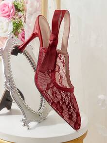 CUCCOO HITCHD Women's Elegant Lace Pointed Toe Pumps For Party Valentine's Day - Red - View 12