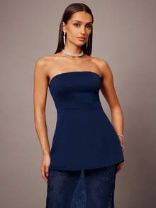 Silquee 两件套黑色露脐抹胸上衣和蕾丝边半裙，适合约会、毕业典礼、音乐会、伴娘、婚礼、浪漫场合，简约风格，优雅日常穿搭 - 藏蓝色 - 查看 4