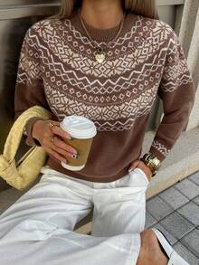 DAZY Áo len dệt kim Jacquard cổ tròn, dáng rộng mềm mại, phong cách retro thoải mái - Màu Khaki - Xem 3
