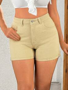 EURMUSE Women's Summer Casual Solid Color High Waist Slant Pocket Skinny Denim Shorts - Beige - View 6