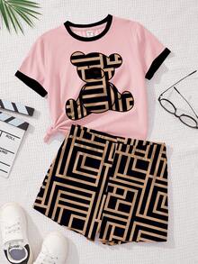 2pcs Cute Bear & Geometric Print Tween Girls Casual Minimalist Short Sleeve Top And Shorts Set, Suitable For Summer - Multicolor - View 7