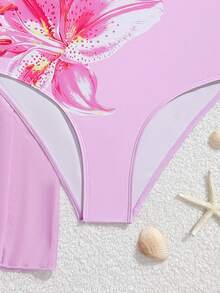 SHEIN 少女百合花印花连体泳衣配网纱裙夏季度假两件套 - 彩色 - 查看 6