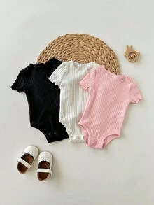 3pcs/Set Bodysuit Lengan Pendek Rajut Minimalis Kasual Elastis Warna Polos dengan Kancing di Selangkangan, Cocok untuk Musim Panas - MultiWarna - View 4