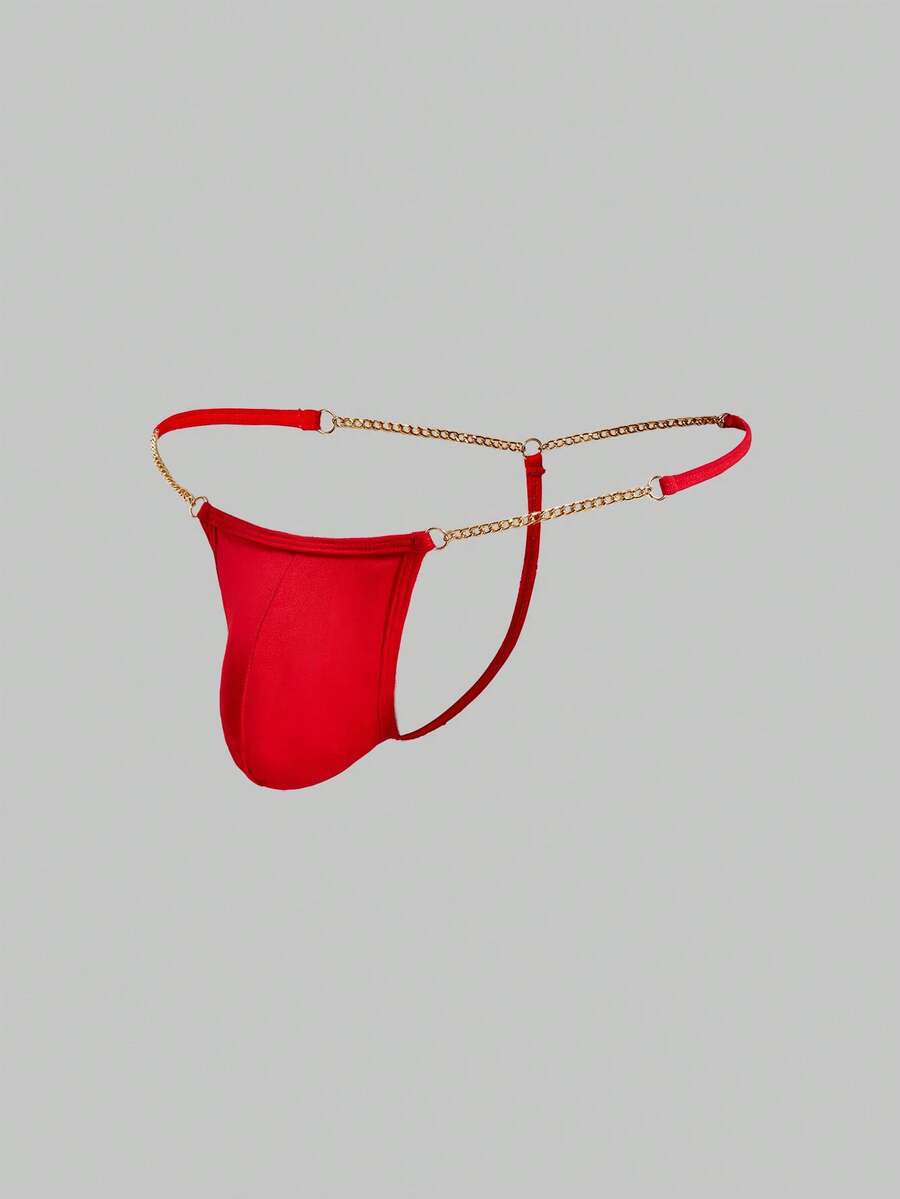 Metallic Chain Decor Fashionable Party Intimate Revealing Backless Sexy G-String Underwear For Men - Red - View 1