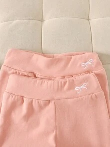 SHEIN 2件套少女休闲保暖内衬弹力针织PU字母贴片打底裤，适合日常穿着、居家、上学，百搭修身裤，秋冬季 - 淺粉色 - 查看 3