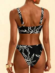 Swim Vcay Women's Casual Vacation Beach Party Black & White Printed Sleeveless Top And Versatile Swimsuit Bottom 2-Piece Swimwear Set, Spring/Summer