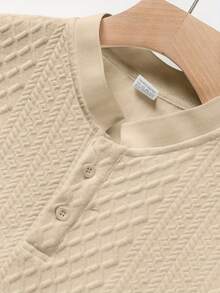 Camiseta informal de cuello henley para hombre, camiseta lisa de punto jacquard. - Caqui - Ver 4