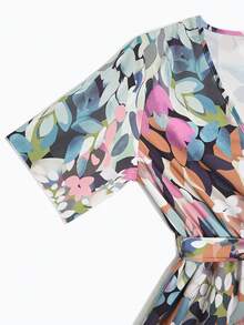 Vestido De Mujer Con Estampado Total Colocadas,Vestido Largo De Mangas Corta Con Cinturón De Tela - Azul - Ver 4