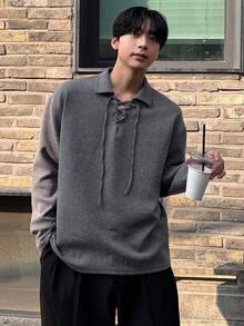 DAZY Men's Grey Collar Tie-Up Design Pullover Sweatshirt, Spring/Autumn - Grey - View 6