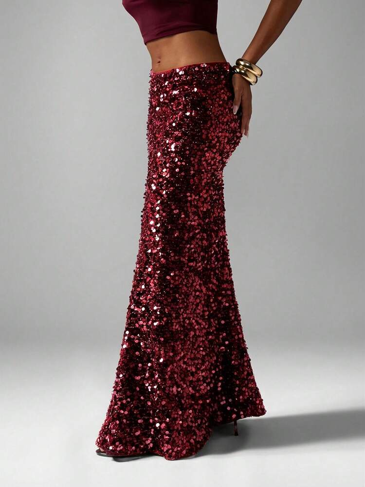 MISSGUIDED Burgundy Sequin Maxi Column Skirt High Waisted Sparkle Party Evening Formal Holiday Occasion Beach Festival Glam