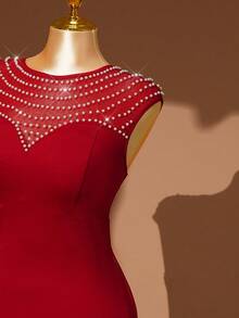 DreamSkyne Đầm dạ hội cỡ lớn phối lưới, đính hạt cườm, kiểu dáng thanh lịch, trang trí lưới. - Đỏ - Xem 6