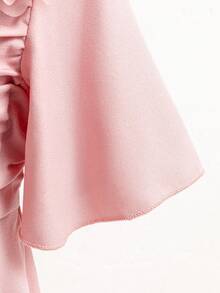 1pc Tween Girl Dusty Pink Elegant Wedding Party Dress,Summer 3D Floral Embroidered Flare Sleeve Fashion Solid Color Dress For Formal Events,Daily Wear - Pink - View 4