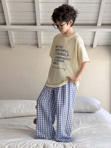 Dazy Kids Tween Boy Slogan Print Short Sleeve Top & Plaid Pants Pajama Set - Apricot - View 2