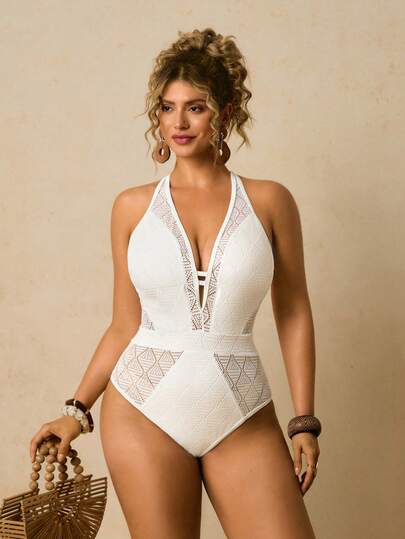 Travachic Plus Size Women White Mesh Jacquard One-Piece Swimsuit, Geometric Pattern Hollow-Out Back Tie Bow Swimwear