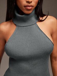Denimoi High Neck Sleeveless O-Ring Sweater Halter Top, Sweater Top, Backless Top, Turtle Neck Sweater - Grey - View 9