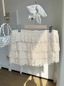 CovetEZ Plus Size Women Casual Solid Color Ruffle Hem Bow Decor Shorts, Suitable For Spring And Summer Lace Bloomers Lace Shorts Ruffle Shorts - Beige - View 4