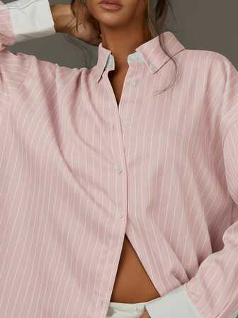 Athîral Women's Casual Commuter Striped Front Button Long Sleeve Shirt, Autumn