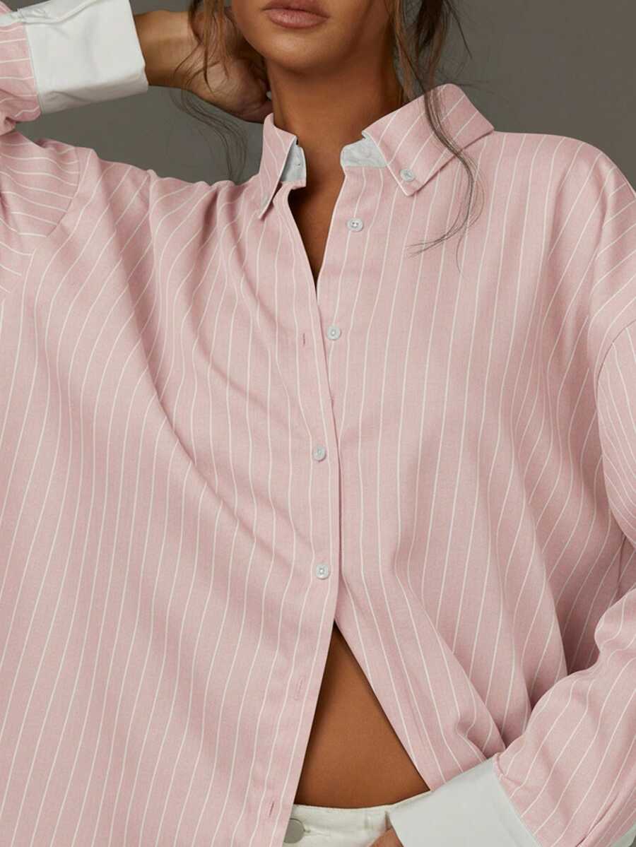 Athîral 女士休闲通勤条纹前开襟长袖衬衫，秋季款 - 淺粉色 - 查看 1