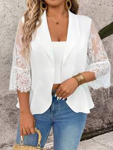EMERY ROSE 大码女士时尚优雅蕾丝袖荷叶边下摆西装外套 - 白色 - 查看 5