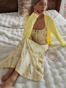 CottageSlumber 两件套碎花无袖连衣裙配披肩，轻盈柔软家居服套装，适合户外穿着，春夏款 - 黃色 - 查看 8