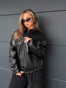 Jeta Ari Drop Shoulder Zip Up PU Cropped Leather Jacket In Fall/Winter - Black - View 6