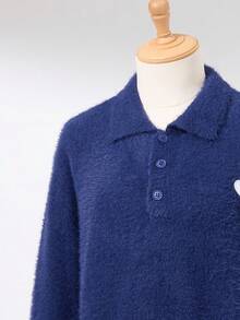 Claim Dot Maglione a maniche lunghe con mezza patta e bottoni, con ricamo a cuore, stile streetwear, maglione polo con bottoni, in maglia, da uomo, colore blu navy, maglione con ricamo a cuore - Blu reale - Visualizzare 3