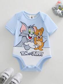 TOM & JERRY X SHEIN 女婴卡通图案圆领短袖连体衣 - 藍白色 - 查看 1